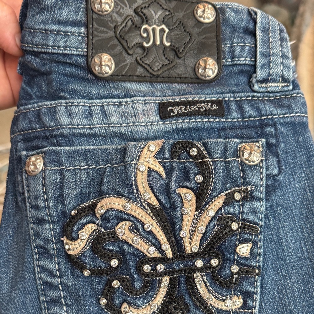 Miss Me Denim  cropped Jeans with Black and Silver Embellishments